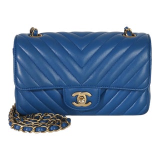 Blue Lambskin Chevron Mini Rectangular Flap Bag For Sale
