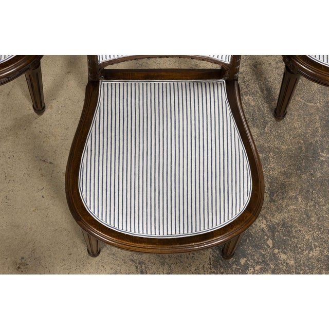 1900 - 1909 French Louis XVI Style Walnut Dining Chairs, Blue Striped Linen Upholstery – Set of 6 For Sale - Image 5 of 18