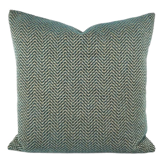 Gp & J Baker Glanville in Teal Pillow Cover - 20" X 20" Teal and Gray Geometric Weave Cushion Case For Sale
