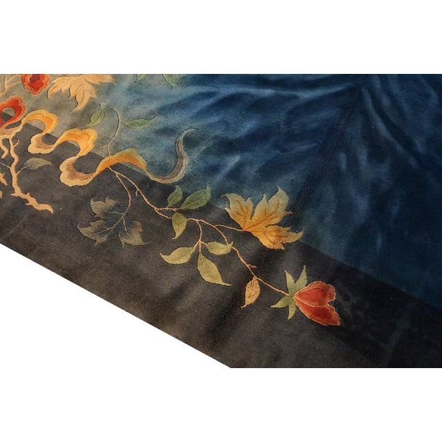 1930s 1930s Royal Blue Solid Floral Modernist Antique Chinese Art Deco Gallery Rug For Sale - Image 5 of 12