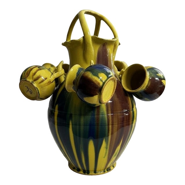 Vintage Mexican Dripware Pottery Sangria Pitcher and Cup Set For Sale
