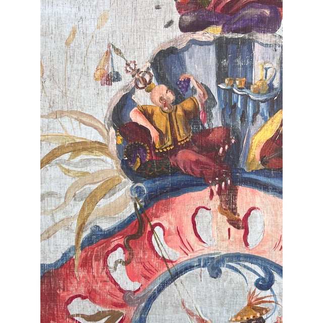 1900 - 1909 Fine French Chinoiserie Chic Figurative Whimsical Oil on Wood Painting in Gilt Frame For Sale - Image 5 of 18