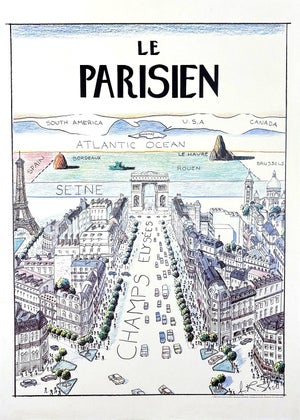 The Parisian View of the World From the Champs Elysees a La Saul Steinberg Original 1984 Paris Poster