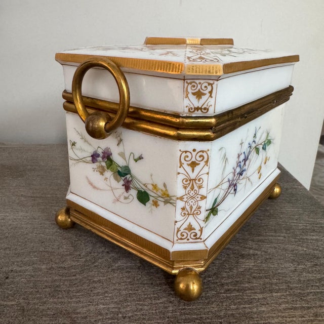 Vintage or Antique Possibly 19th Century White Opaline Glass Jewelry Casket Box Hand Painted Floral Decor & Gilt Bronze 6.25"x4.75"x5.25"h For Sale - Image 9 of 18