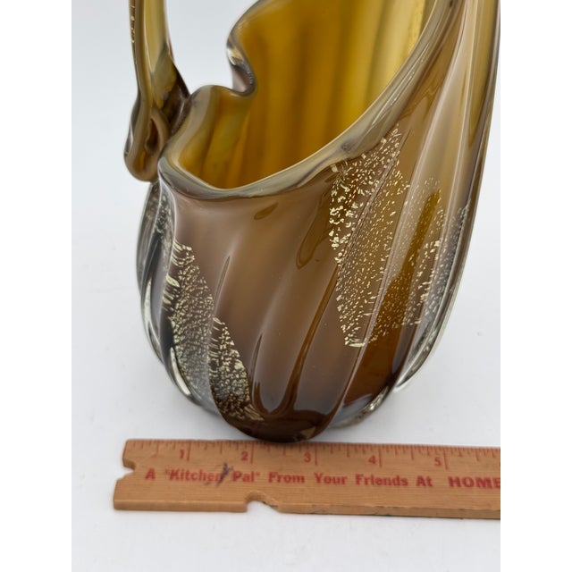 Mid Century Murano Amber Art Glass Aventurine Gold Flecks Vase Basket Handled For Sale - Image 11 of 11