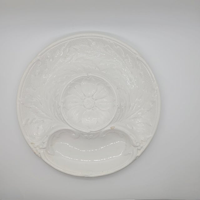 Vintage French majolica artichoke plates by P.V. France features a beautiful white monochrome glaze with ornate embossed...