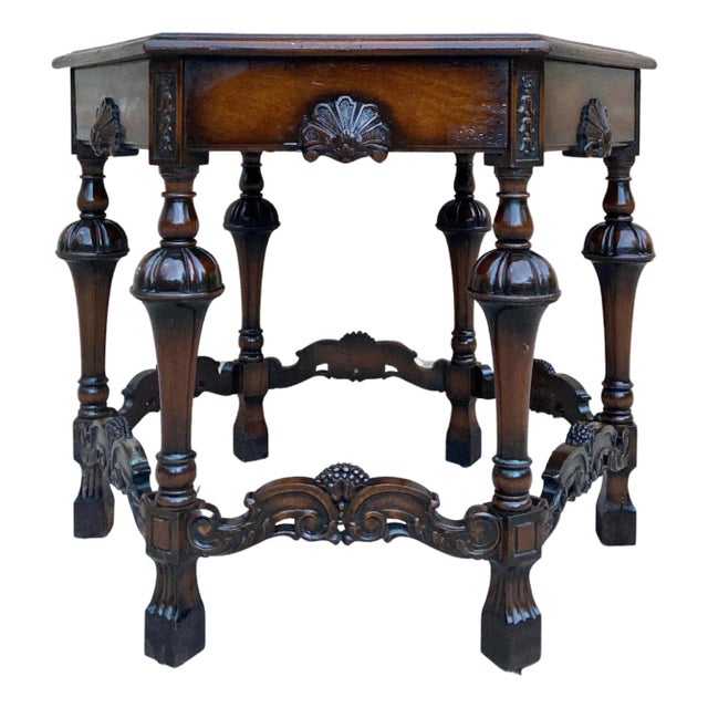Antique Hexagonal Side or Center Walnut Table with Six Carved Legs For Sale