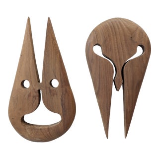 1970s Vintage Mid-Century Modern Abstract Teak Wood Wall Masks - A Pair For Sale