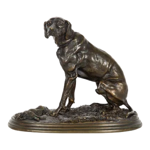 French Antique Bronze Sculpture of Dog With Rabbit by Pierre Jules Mêne