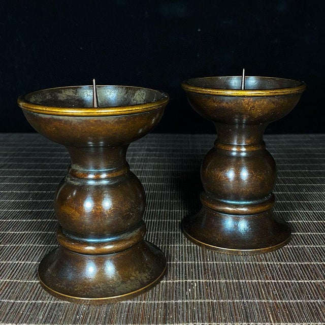 Brass Pair of Vintage Brass Candlesticks - Asian Altar Candle Holders For Sale - Image 8 of 9
