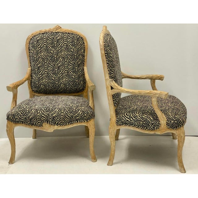 1970s Italian Carved Faux Bois Cerused Bergère Chairs in Zebra Fabric - Pair For Sale - Image 5 of 7
