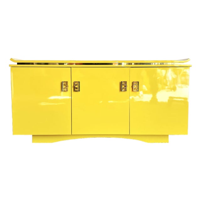 1980s Postmodern Chinoiserie Yellow Lacquer Laminate Credenza For Sale