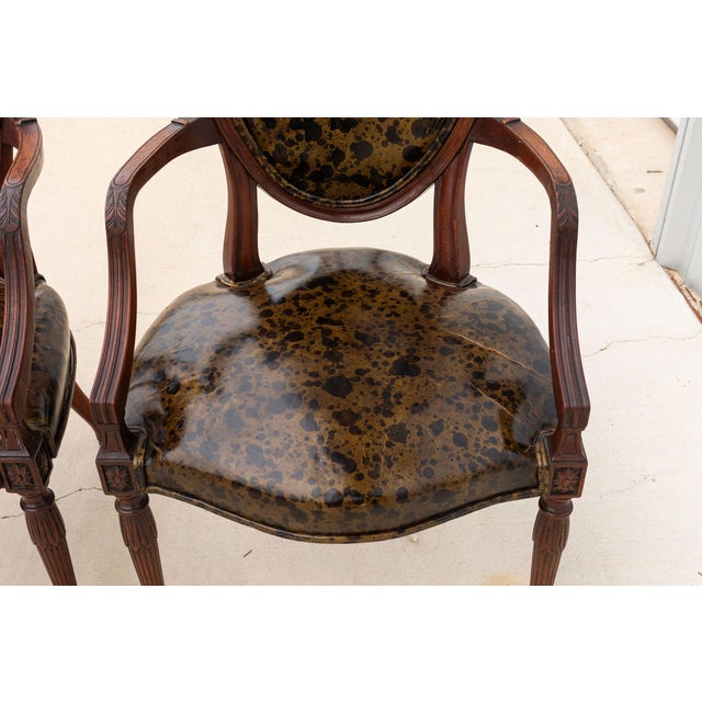 Brown Early 20th Century Federal Style Shield Back Chairs With Faux Tortoise Leather Seats, Pair For Sale - Image 8 of 13