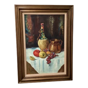 Mid 20th Century C. John Vintage Oil Painting on Canvas of Still Life, Framed