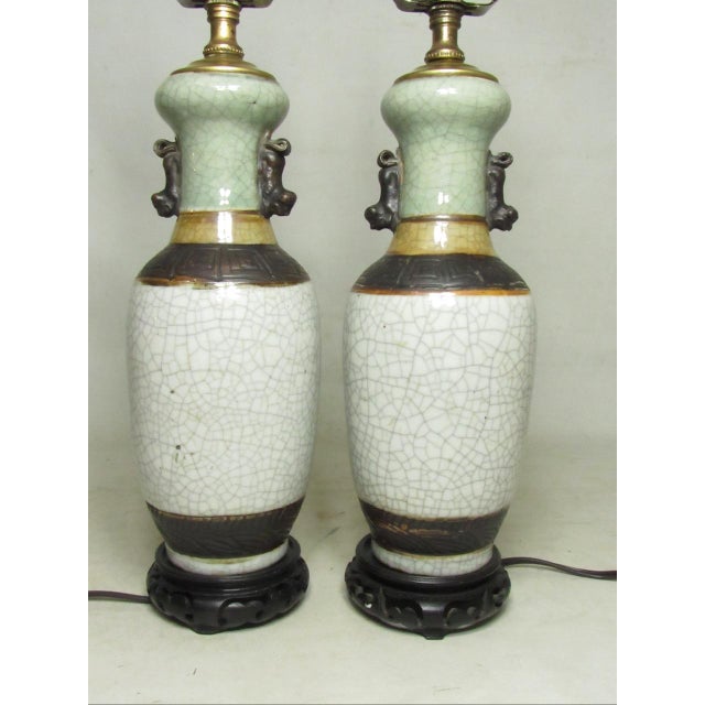Chinese Pair of Chinese Crackle Glaze Lamps For Sale - Image 3 of 16