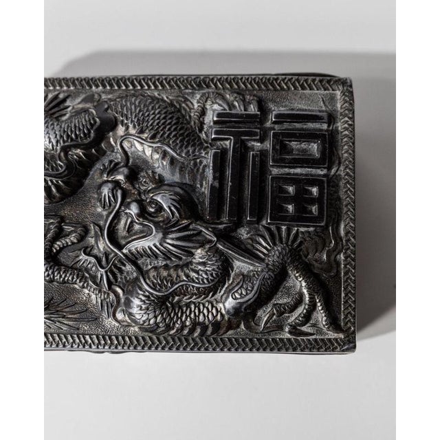 Gold Vintage Japanese Silver-Plated Box with Dragon Motif and Wood Inlay, Early 19th Century For Sale - Image 8 of 17