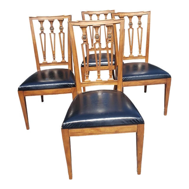 Set of Four j.l. Metz Furniture French Walnut, Brass and Top Grain Cow Hide Leather Seat Dining Chairs For Sale