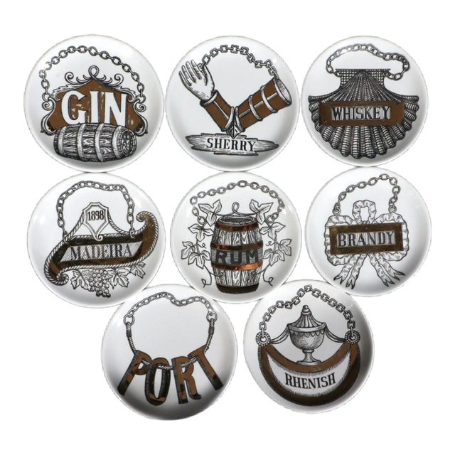 Piero Fornasetti Ceramic Wine & Liquor Coasters, Vini E Liquori Pattern For Sale