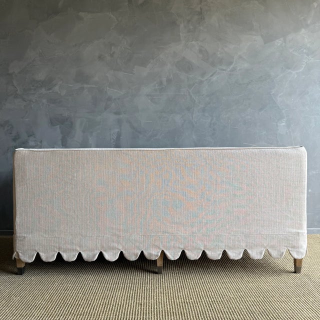 Madison Slip Covered Ticking Stripe Linen Sofa With Scallop Skirt Down Cushion For Sale - Image 9 of 10