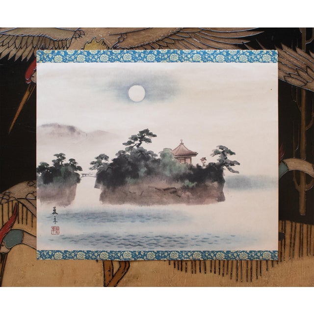 A very pretty large vintage Japanese monochrome print after watercolor painting, depicting seascape with an island. Signed...