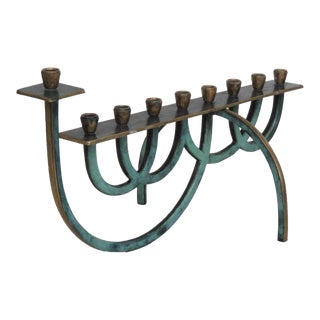 Mid Century Brass Faux Malachite Menorah Hanukkah Brutalist For Sale