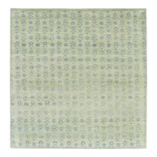 Rug & Kilim’s Block Print Square Rug With Sage Green Field and Floral Patterns For Sale