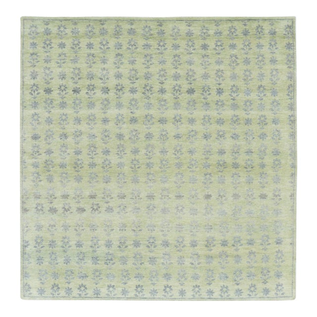 Rug & Kilim’s Block Print Square Rug With Sage Green Field and Floral Patterns For Sale