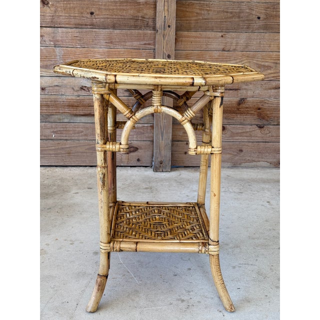Tan Vintage Coastal Rattan Fretwork Side Table With Woven Shelves For Sale - Image 8 of 12