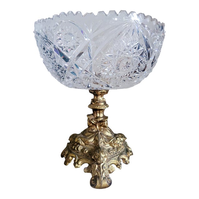 Vintage Cut Crystal Compote on Ornate Gilt Pedestal | Hollywood Regency Centerpiece | Rococo Crystal Fruit Bowl For Sale