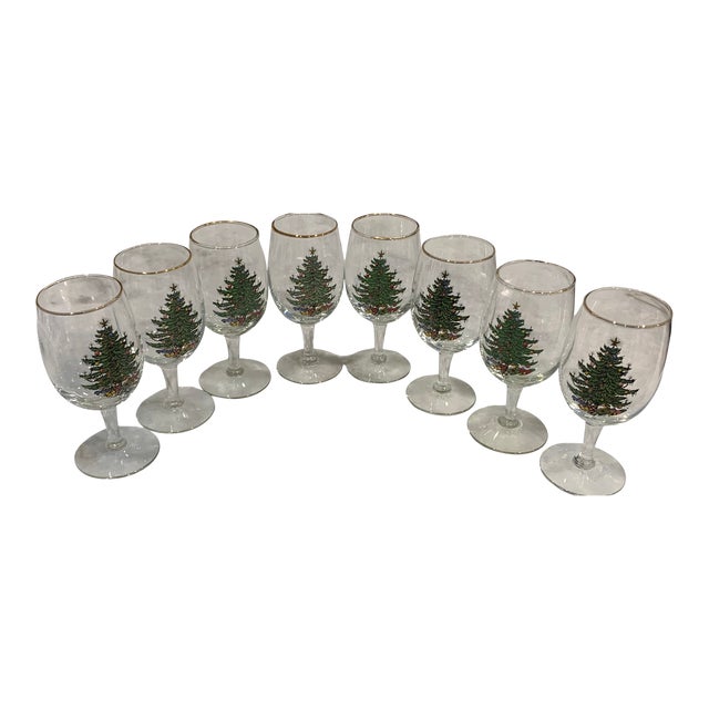 Spode Christmas Tree Wine Glasses With Gold Rim, Set of 8 For Sale