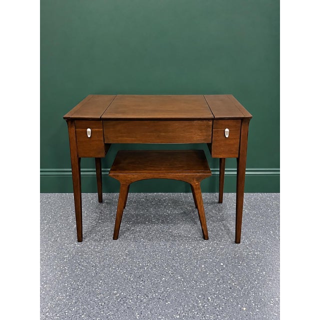 Mid-Century Modern Mid-Century Drexel Profile Walnut Vanity and Matching Stool by John Van Koert Cir. 1960 For Sale - Image 3 of 12