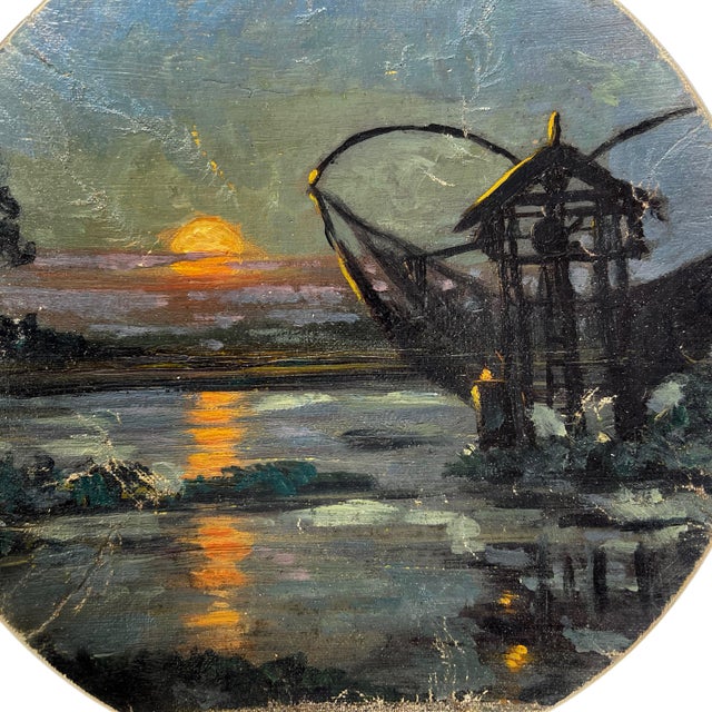 Teal Wall Art Installation: Composition of Ceramic Plates and Oil on Canvas - "Tropical Moonlight" - Set of 5 For Sale - Image 8 of 11