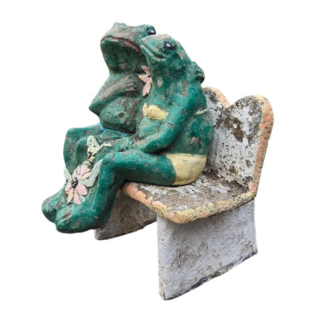 Anthropomorphic Frogs Bench Cement Sculpture Vintage Yard Art Statue Concrete -Measures about 14.5" tall x 12" wide x 11"...