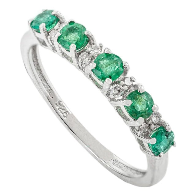 Half Eternity 0.58 CTW Emerald & Diamond Alternating Stackable Band Ring for Women - Size 7.5 For Sale