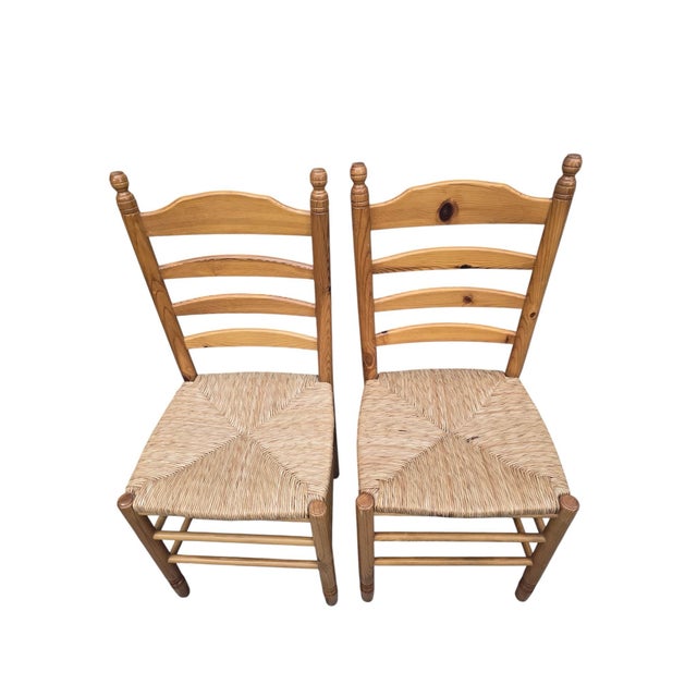 Wood Vintage French Country Rush Seat Ladder Back Dining Chairs – Set of 4 For Sale - Image 7 of 11