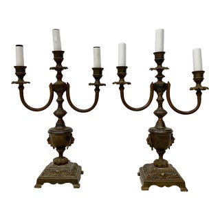Antique Patinated Brass Classical Urn Candelabras Converted to Table Lamps For Sale