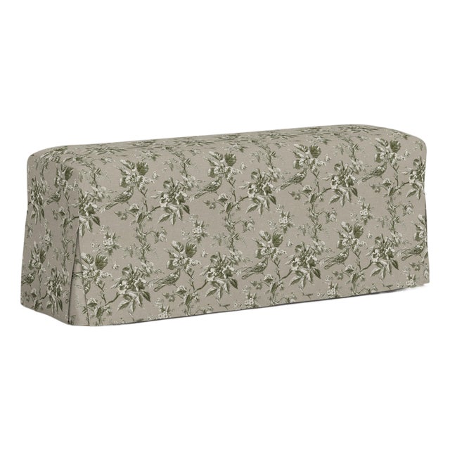 Stoffer Home x Cloth & Company Lindy Slipcover Dining Bench in Bird Toile Olive For Sale