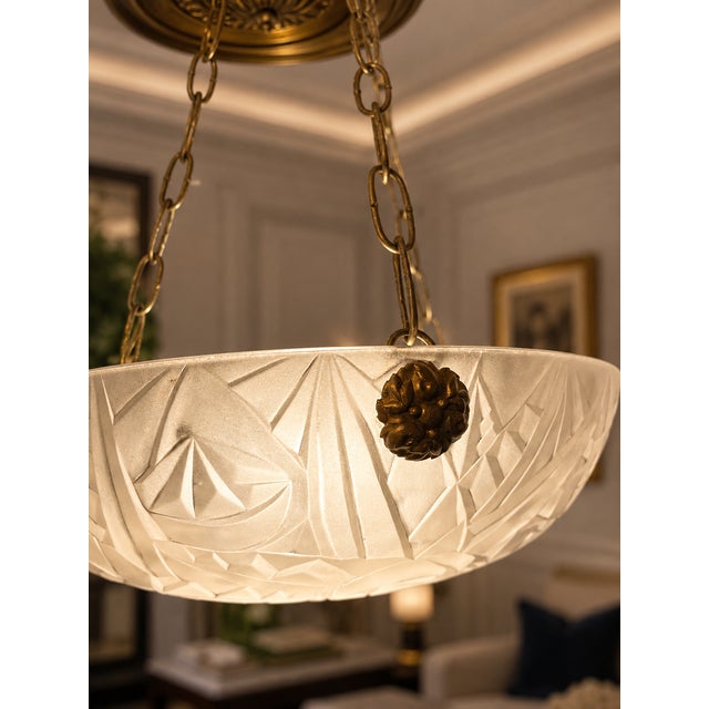 French Art Deco Hanging Light with Molded Glass Shade, 1933 For Sale - Image 3 of 9