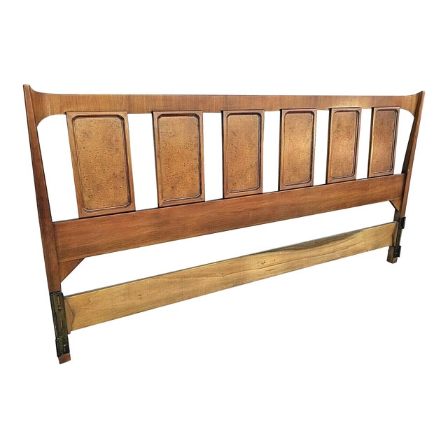 Vintage MCM Danish Modern King Size Winged Headboard With Burl Wood