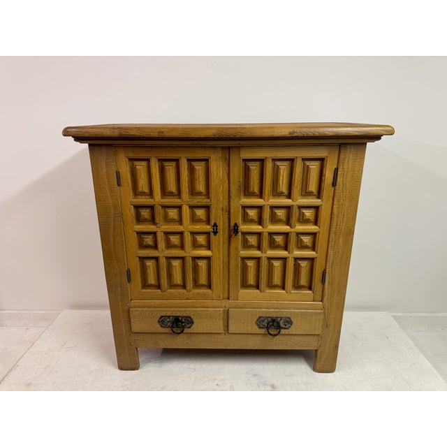 VintageSpanish Style Brutalist Cabinet in Carved Oak, 1970s For Sale - Image 4 of 12