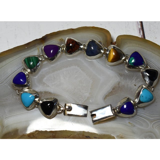 Metal Vintage Mexican 950 Sterling Silver Multi Gemstone Tennis Bracelet For Sale - Image 7 of 17