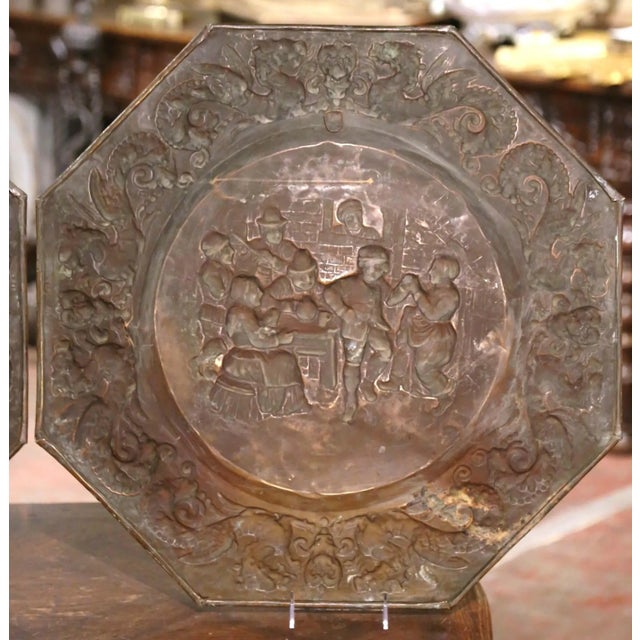 Pair of 19th Century French Repoussé Copper Tavern Scene Wall Chargers For Sale - Image 12 of 12