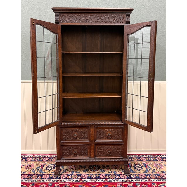 BEAUTIFUL Antique English Jacobean Oak Bookcase or Display Cabinet with Double Leaded Wavy Glass Doors over Double Drawer...