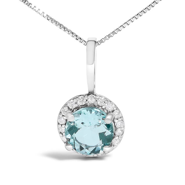 Contemporary 10K White Gold Blue Aquamarine and 1/10 Cttw Diamond Accent Halo Pendant Necklace For Sale - Image 3 of 5