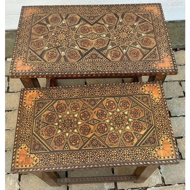 Early 20th Century Pair of Vintage Moorish Style Inlaid Nesting Tables For Sale - Image 5 of 12