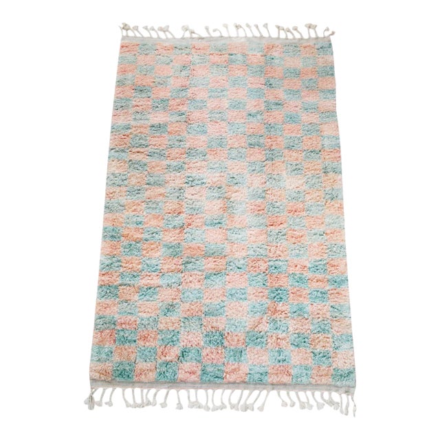 Sage & Coral Checker Beni Ourain Moroccan Wool Rug - 9x12' For Sale