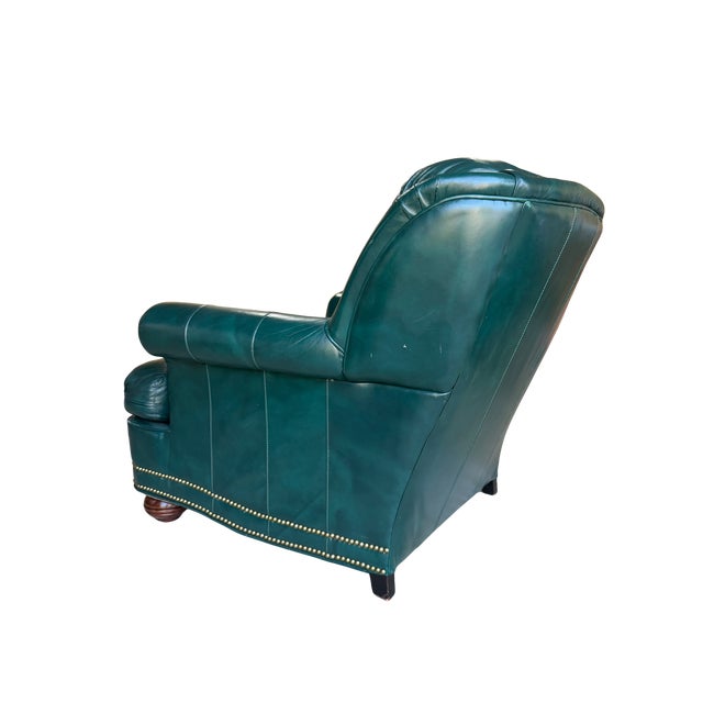 Vintage Thomas-Bain Leather Club Chair & Ottoman Set in Peacock Teal Green | Tufted Traditional Lounge Seating For Sale - Image 12 of 18