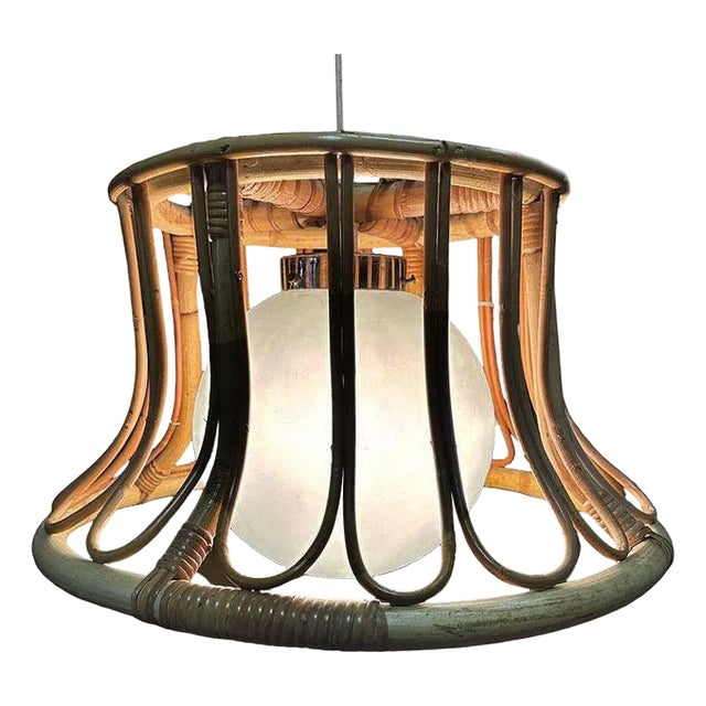 1980s Albini Style Tulip-Shaped Reed Rattan Ceiling Pendant Light With Glass Globe For Sale