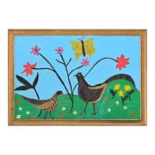 French Vintage Framed Painting of Pheasants For Sale