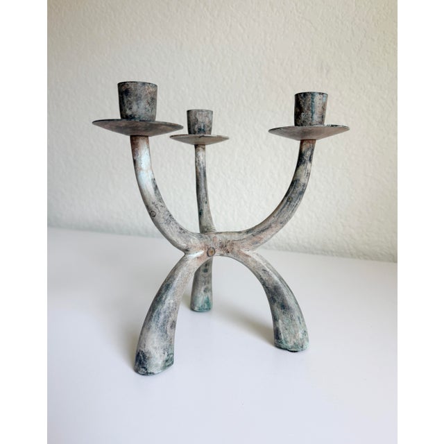 Brutalist Verdigris 3-Arm Candelabra For Sale - Image 12 of 12